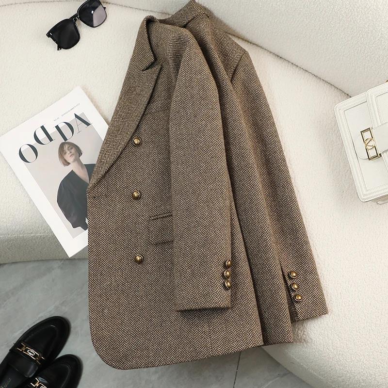 Manteaux Blazer à manches longues pour femmes, vestes Vintage en laine épaisse crantée, vêtements d'extérieur élégants, automne hiver