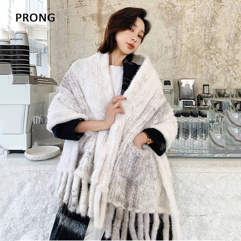 Écharpe en Fourrure de Vison group pour Femme, Style Long, Châles à Franges Naturelles, Pashmina Chaud pour l'Hiver