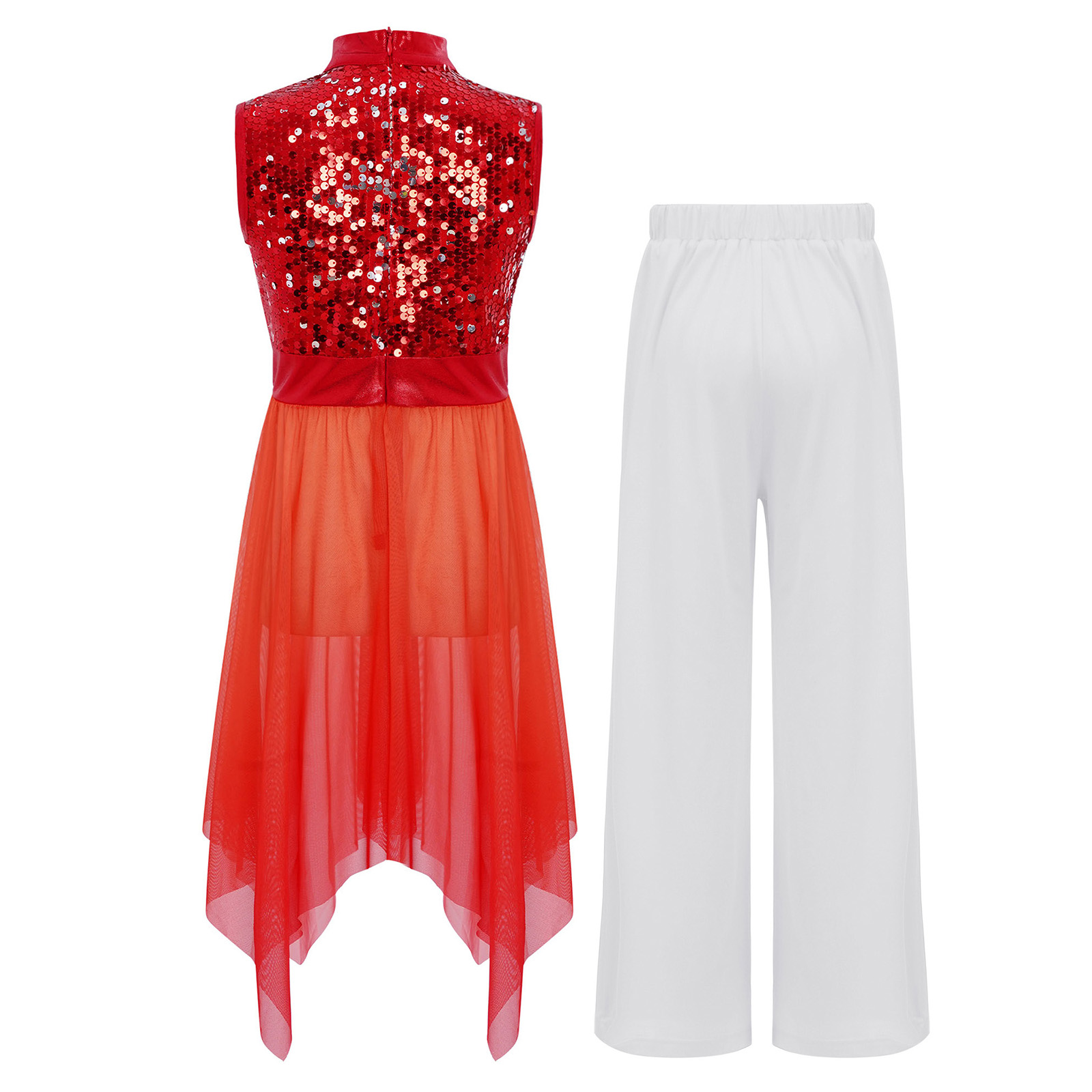 Robe de danse liturgique pour filles, Costume sans manches, ourlet asymétrique, Robe de danse de culte d'église avec pantalon pour la danse lyrique