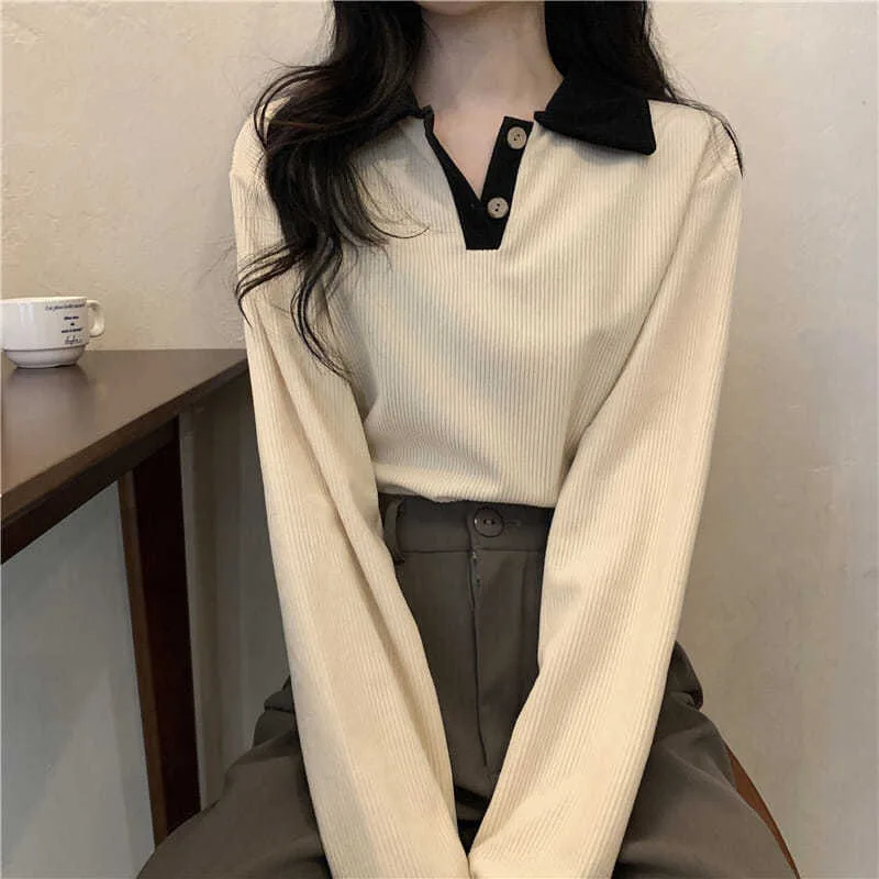T-shirts décontractés pour femmes, mode coréenne, Style Preppy doux, hauts féminins, manches longues, col rabattu, pulls de base, automne