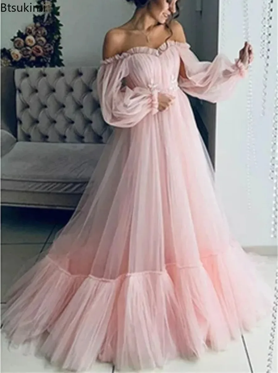 Robe de mariée élégante pour femmes, asymétrique épaule dénudée, manches longues, en mousseline de soie, mi-longue, robe de princesse, dos nu, 2026