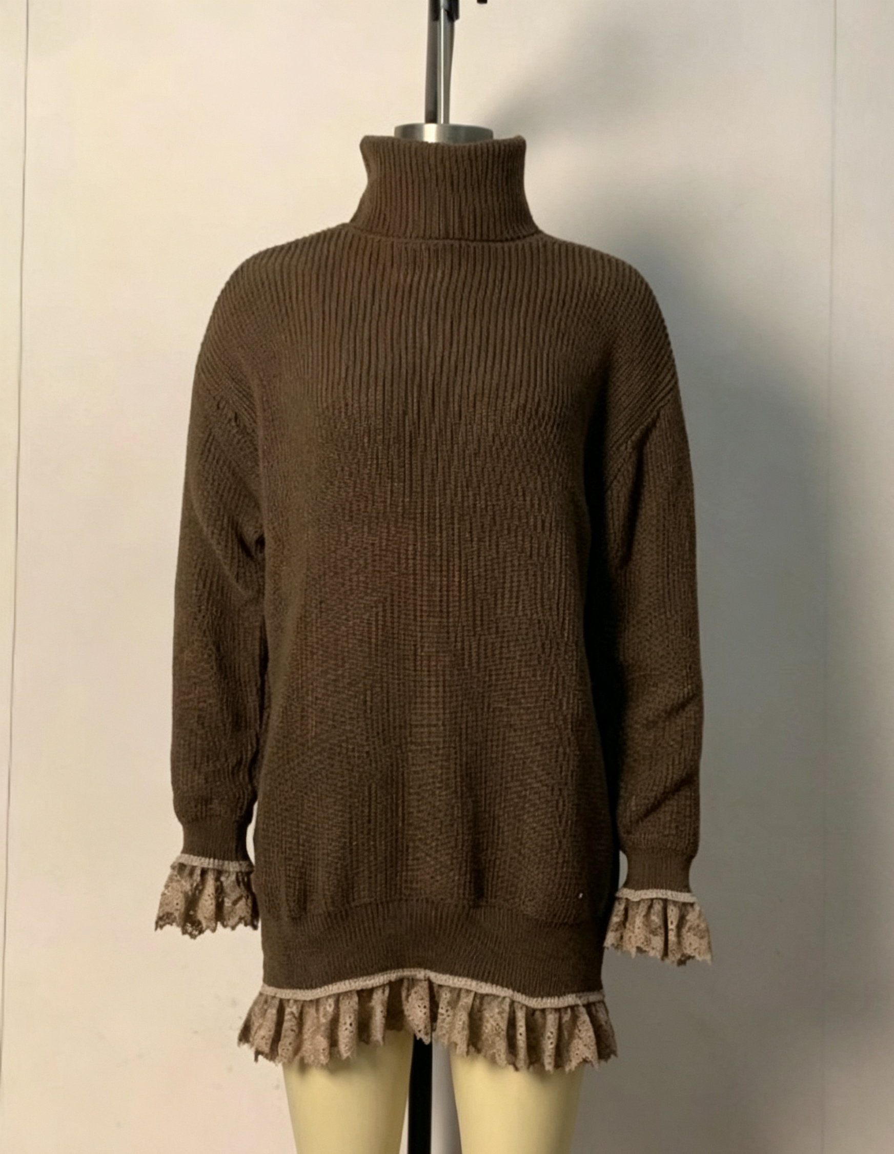 Robe pull col roulé pour femme, automne, à volants, manches longues, décontractée, élégante, mini, tricotée, coupe oversize, vêtements d'hiver