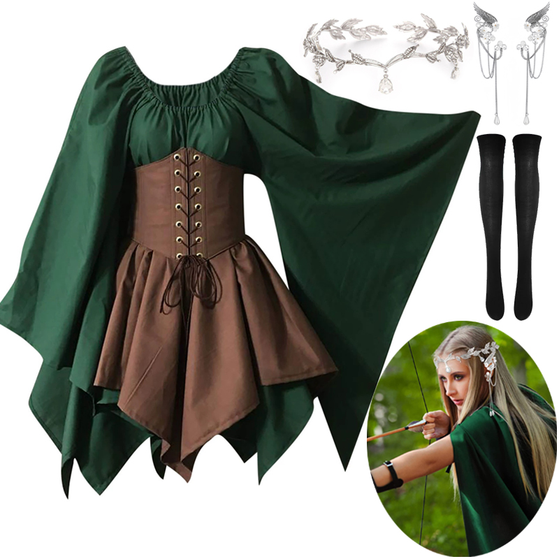 Costume d'elfe pour femmes, robe traditionnelle irlandaise de la Renaissance, Costume de fée médiévale, oreilles d'elfe pour Halloween Cosplay