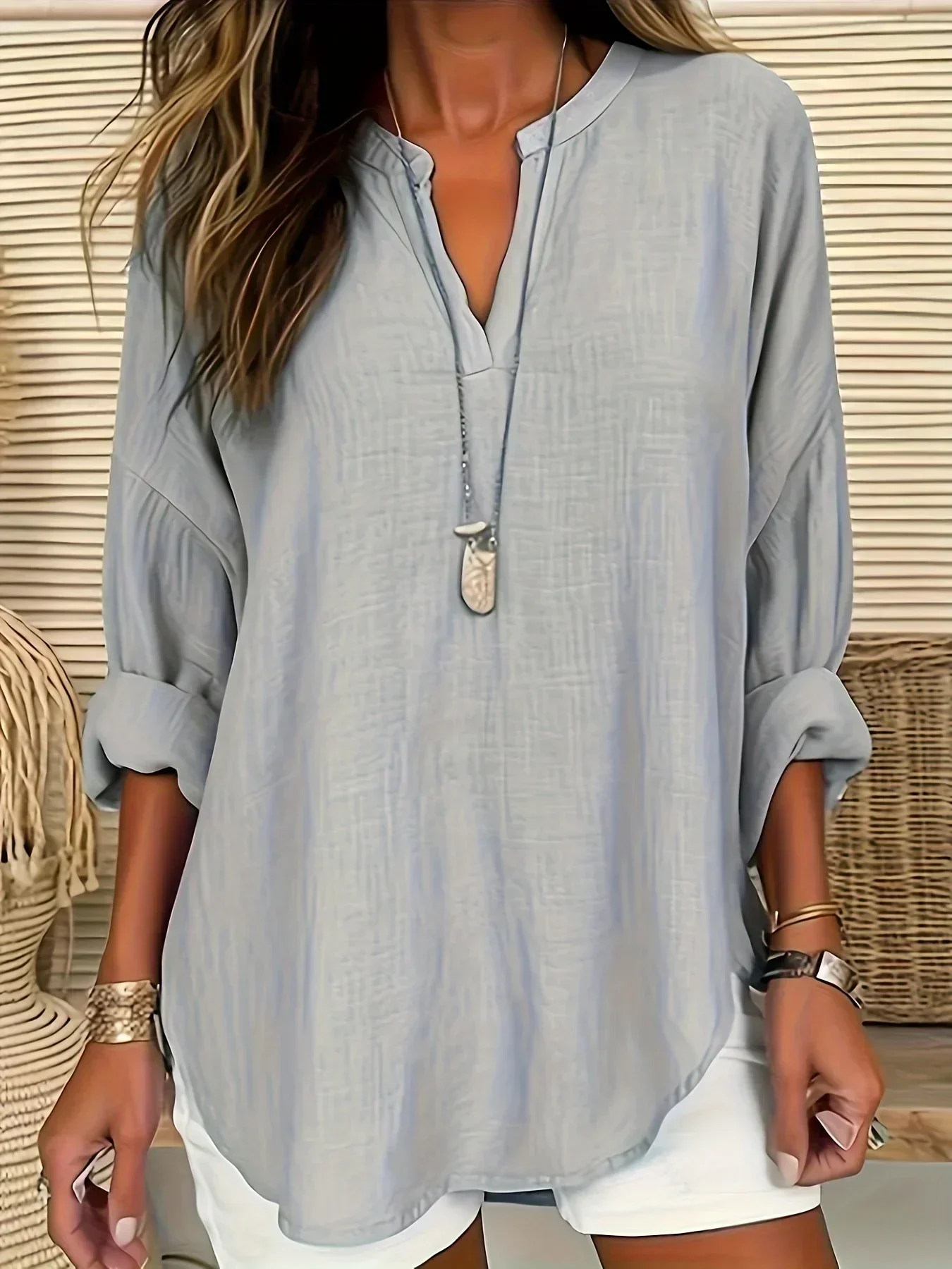 Grande taille 1XL-5XL femmes décontracté couleur unie Blouse dames mode hauts amples col en v Blouse à manches longues chemise