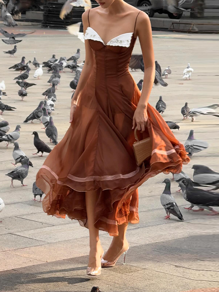 Robe longue en mousseline pour femme avec ourlet en dentelle, sans manches, taille cintrée, ourlet asymétrique à volants, Robe de soirée formelle pour femme 2026