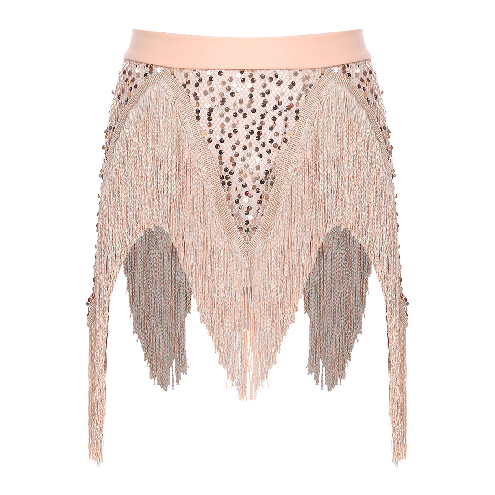 Foulard de danse du ventre pour femme, en maille filet à sequins, avec ourlet irrégulier et franges, jupe de danse à nouer à la taille