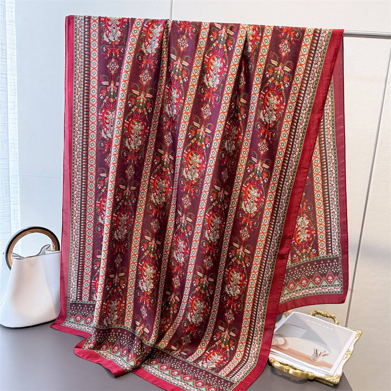 Foulard en soie vintage imprimé, grand format, design de luxe pour femme, châle en satin doux et lisse, protection solaire pour la plage, 180x80cm, bandana