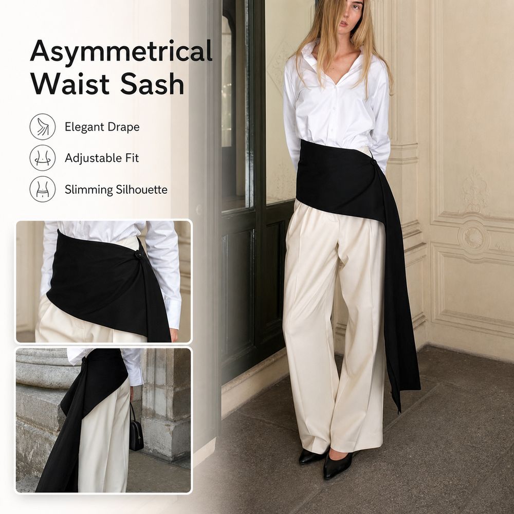 Nouvelle jupe drapée asymétrique noire à franges, style superposé avec ceinture à nouer, décoration en jean