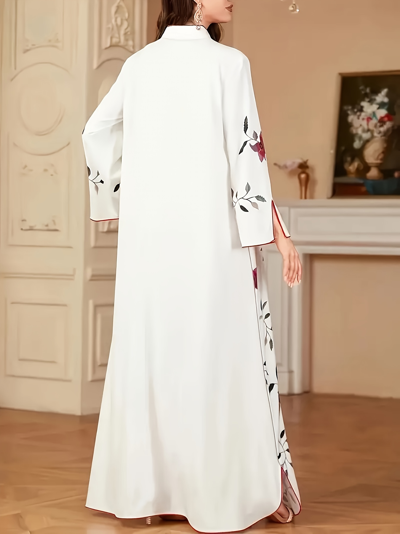 Jupe longue élégante pour femme, style musulman, imprimé Ramadan Aïd, col en V, manches longues, coupe ample, avec fente à l'ourlet