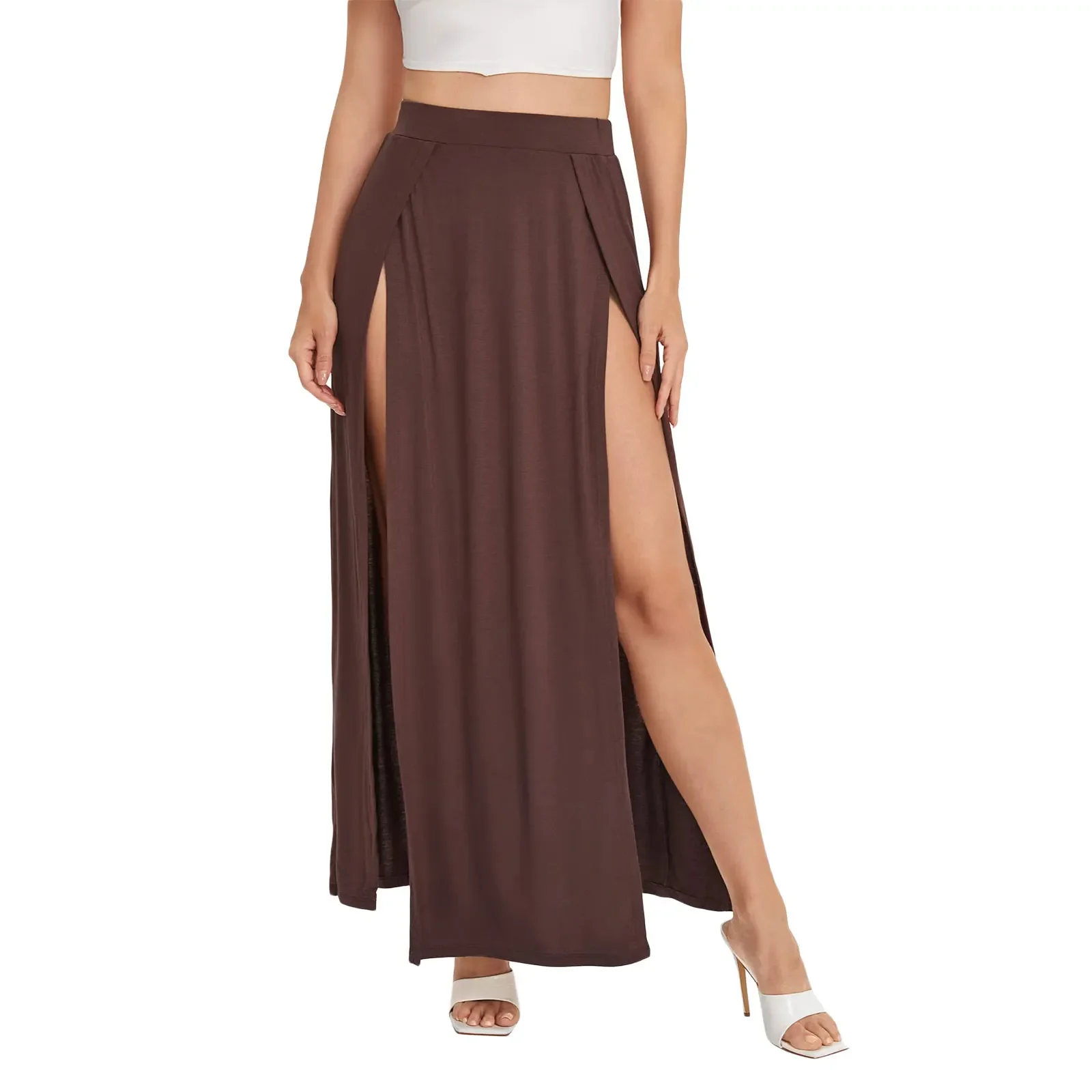 Combhasaki femmes été Boho maillots de bain élastique taille haute couleur unie côté haute fente coupe ample Absorption de la sueur jupes longues