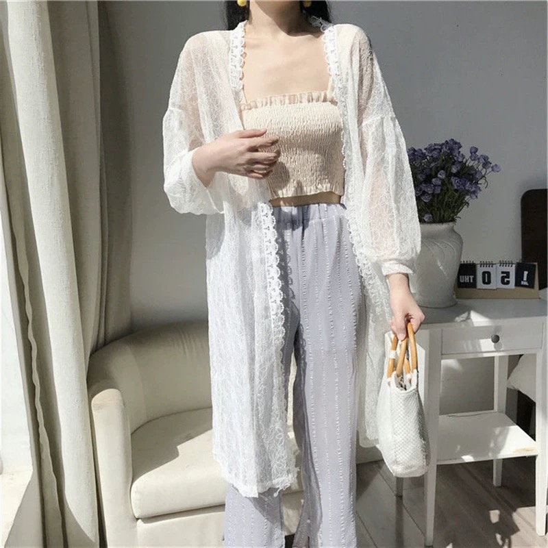 Chemise Kimono longue en dentelle pour femmes, style Boho, ajouré, manches longues, Beige, blanc, Cardigan ouvert sur le devant, veste de plage au Crochet, été