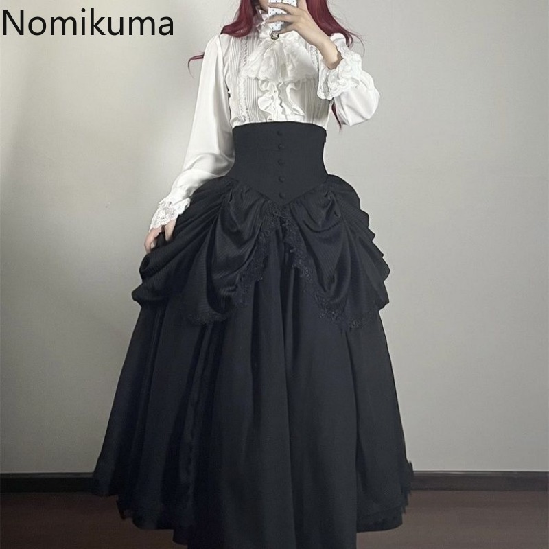 Taille haute jupes trapèze pour femmes 2025 Faldas Mujer De Moda Style Lolita japonais doux Saia Patchwork dentelle grande jupe pivotante