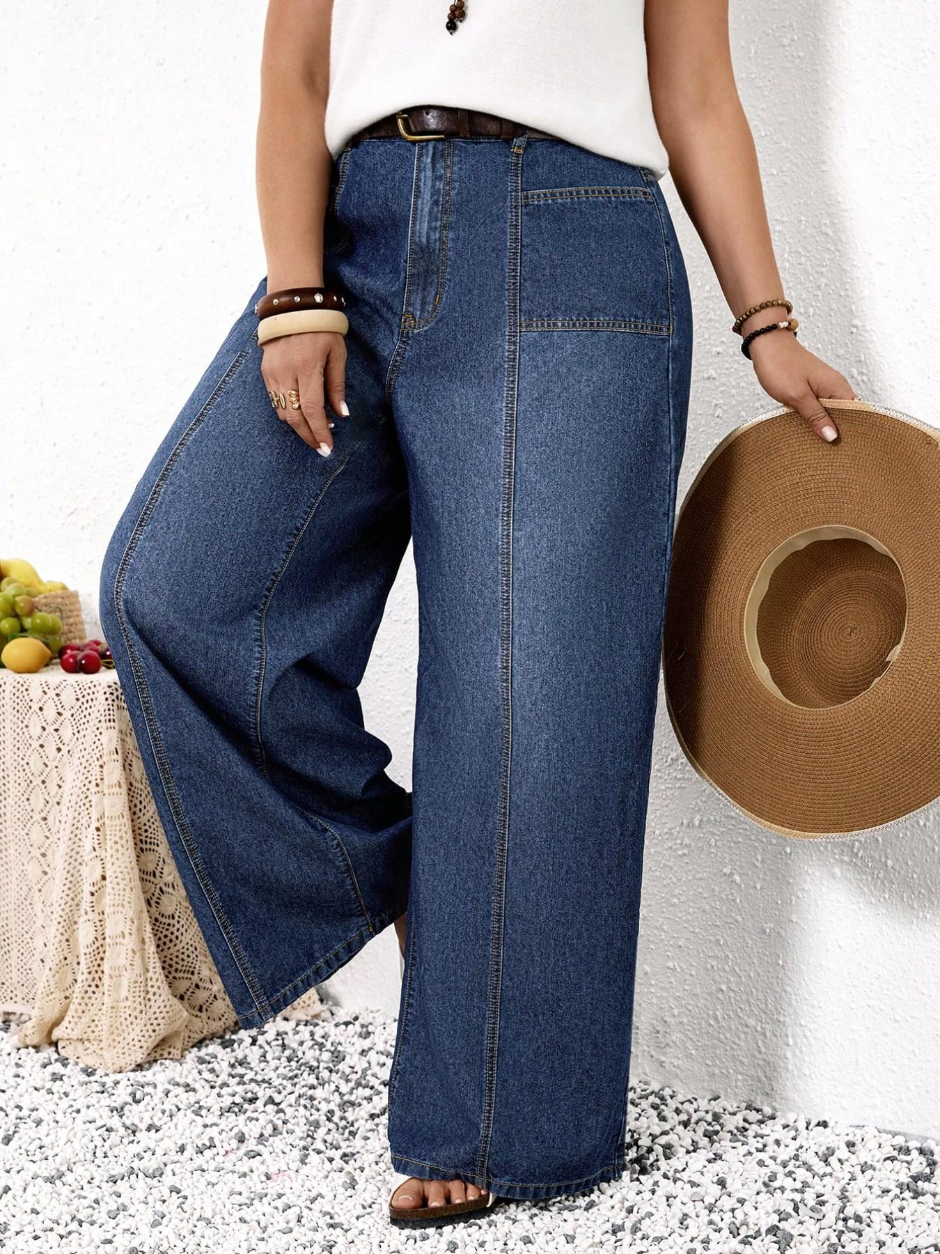 Jeans à jambes larges pour femmes, taille haute, design patchwork, coupe ample, denim confortable et élégant