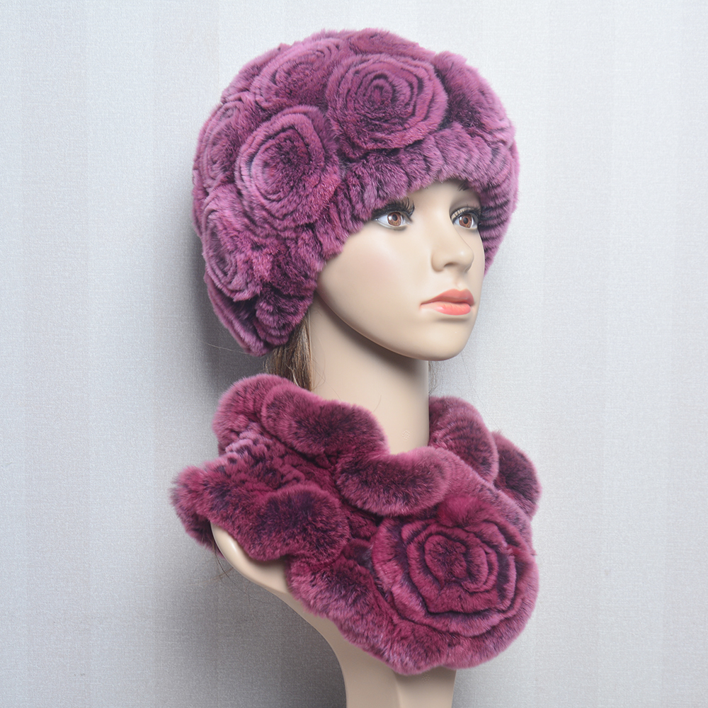 Nouveau femmes hiver fourrure chapeau écharpe ensembles naturel chaud réel Rex lapin fourrure casquette foulards dame tricoté chaud 100% véritable fourrure chapeaux silencieux