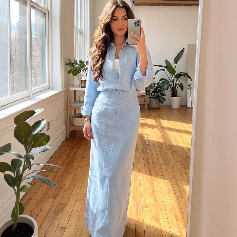 Ensemble élégant 2 pièces pour femme : chemise boutonnée oversize et jupe longue taille haute – Tenue décontractée chic pour le printemps