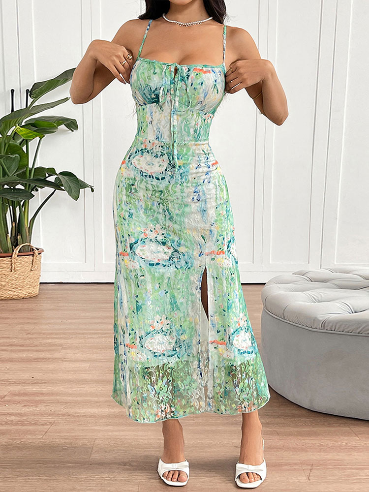 Robes longues pour femmes, nouvelle collection été, style streetwear, imprimé, à lacets, fendues, à fines bretelles, sexy, dos nu, élégantes, vêtements féminins