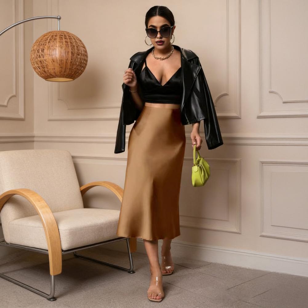 Jupe midi pour femme, taille haute, en satin lisse, coupe sirène, amincissante, pour voyage, soirée, travail, loisirs, usage quotidien