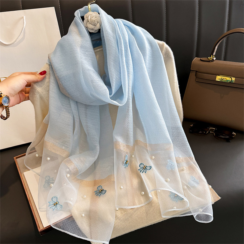 Écharpe de Luxe en Laine Brodée Florale pour Femme, Hijab, Pashmina, Long Châle de Plage, Bandana, 2024