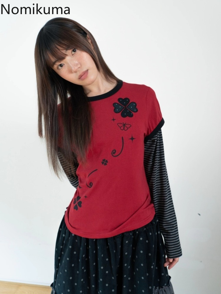 Mode femme t-shirts faux deux hauts à manches longues tunique col rond t-shirts broderie décontracté Camisetas Patchwork rayé Simple T-shirt
