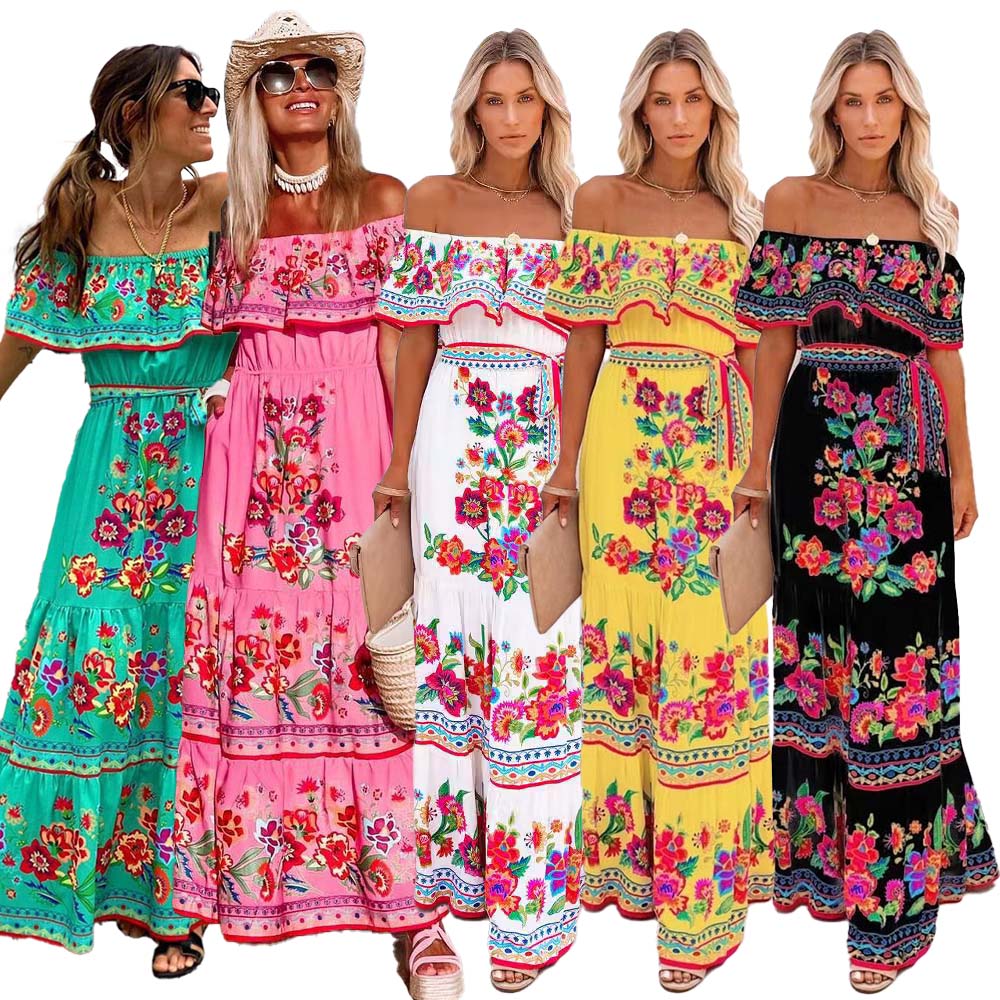 Robe traditionnelle ethnique à imprimé floral pour femmes, tenue mexicaine, vêtements de fête, vacances à la plage
