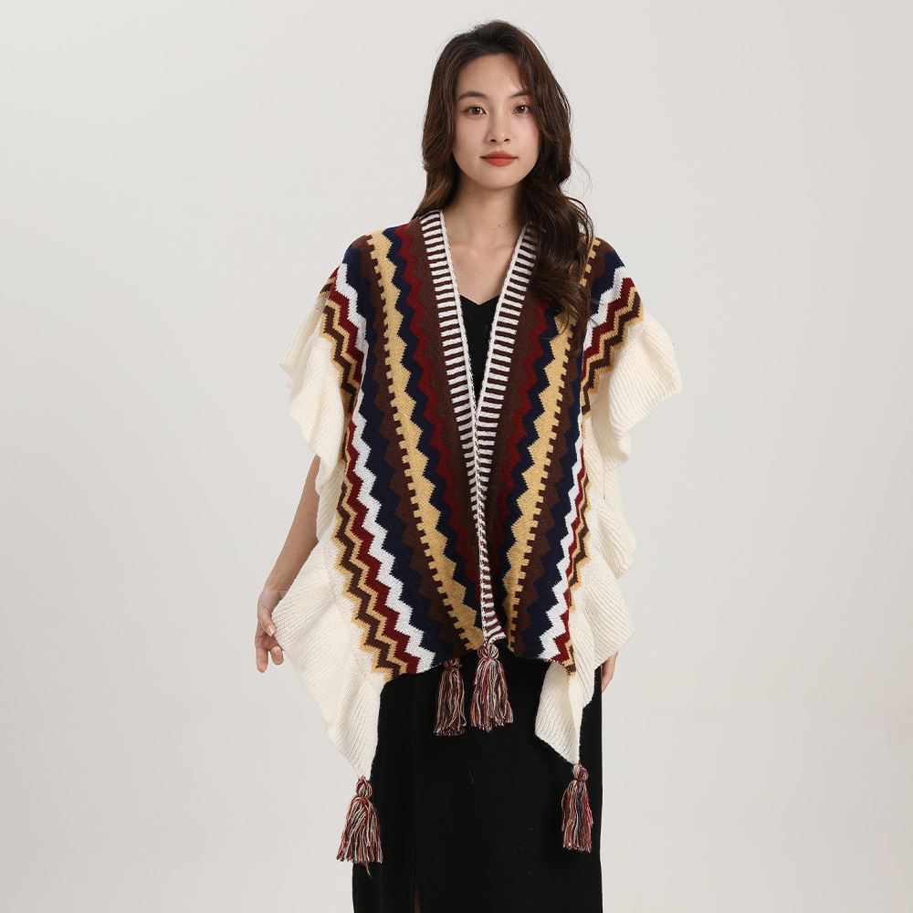 Châle bohème pour femme, Mohair avec pompon, cardigan ethnique rétro pour femme, écharpe à volants ronde rayée pour le voyage, printemps, automne, nouveau