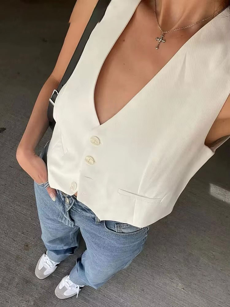 HH mode femmes gilet sans manches gilets pour femmes Chic col en v simple boutonnage dames élégant blanc gilet hauts