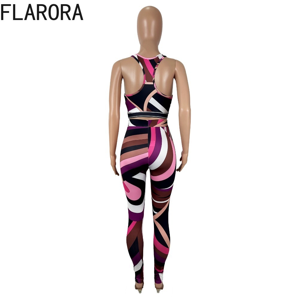 FLARORA – ensemble 2 pièces imprimé coloré pour femme, débardeur court à encolure carrée et pantalon slim, tenue de soirée de minuit, Clubwear