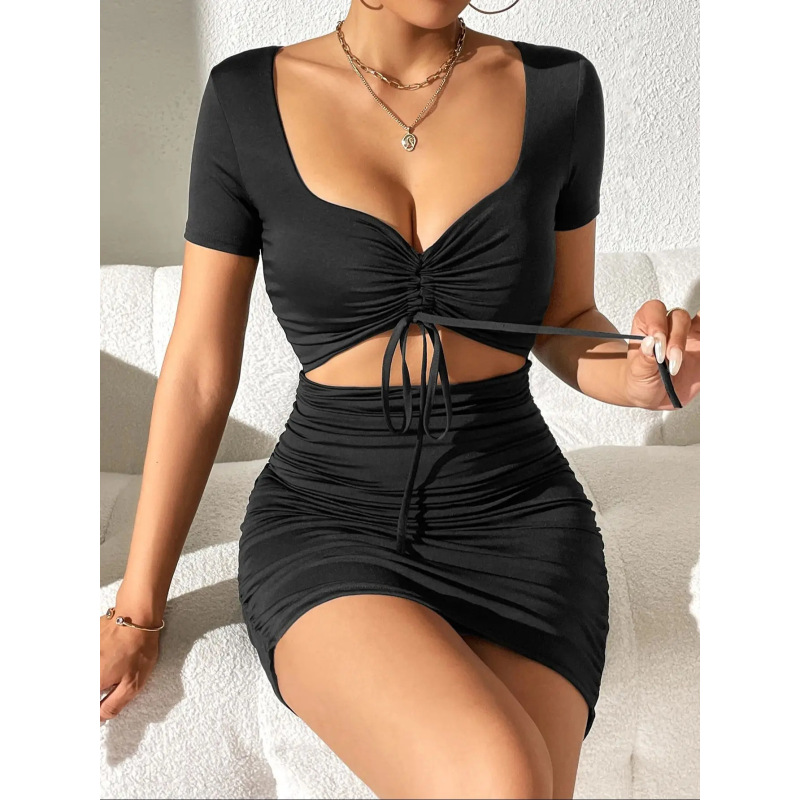 Robe moulante sexy plissée de couleur unie pour femmes grandes tailles, mode européenne et américaine