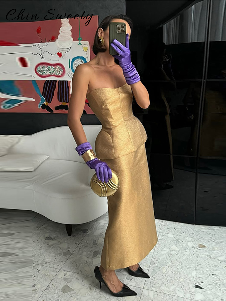 Ensemble jupe longue élégante sans bretelles pour femmes, couleur unie, sans manches, taille cintrée, bustier tubulaire, jupe droite, costume de fête, nouvelle collection printemps 2026