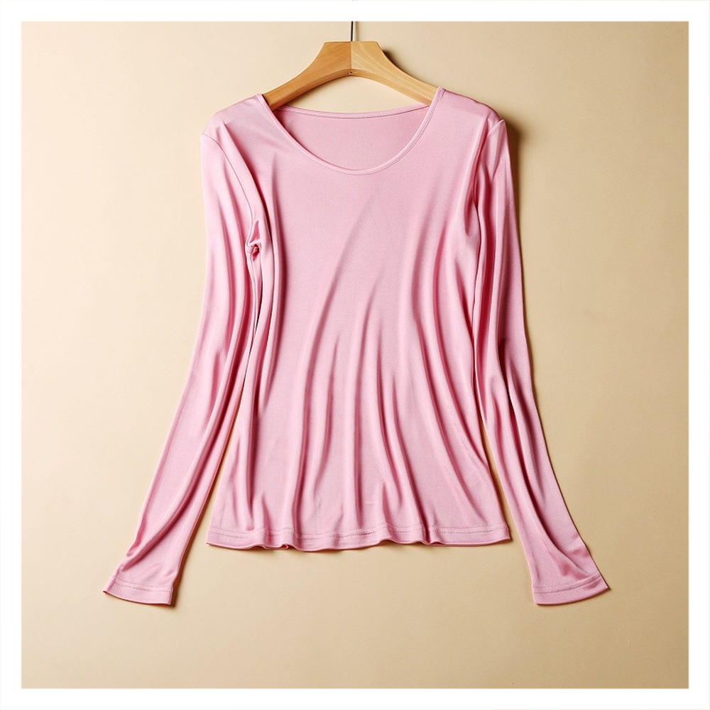 Chemise à manches longues en soie de mûrier pour femmes, tricotée en soie, couleur unie, col rond, nouvelle mode 2025