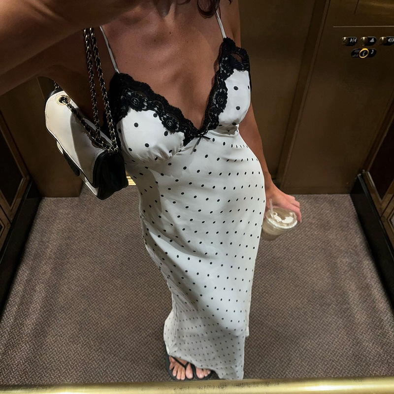 Robe Maxi en dentelle pour femmes, col en v, Patchwork, dos nu, taille haute, Slim, Spaghetti, contraste, robe de soirée, printemps