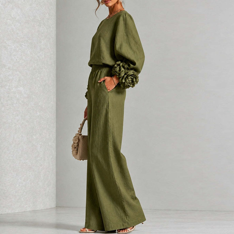Ensemble 2 pièces pour femme : Haut à col rond et manches longues bouffantes avec motif floral 3D + Pantalon large à taille élastique – Tenue élégante pour les fêtes, décontractée ou de bureau