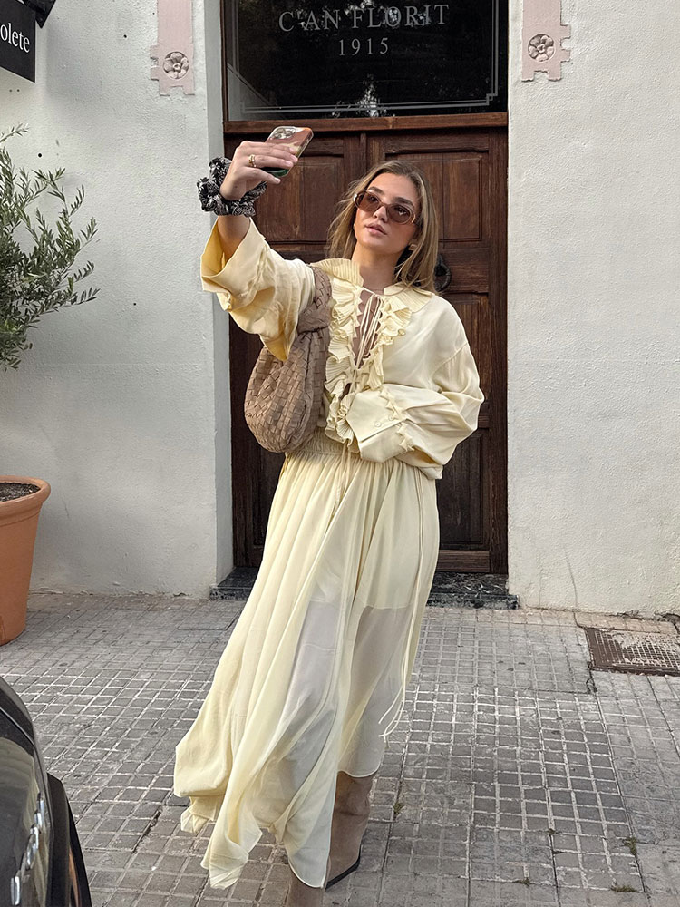 HH femmes élégant jaune volants à lacets Blouse jupes ensembles à manches longues col en V chemise plissée jupe Midi 2025 femmes tenues