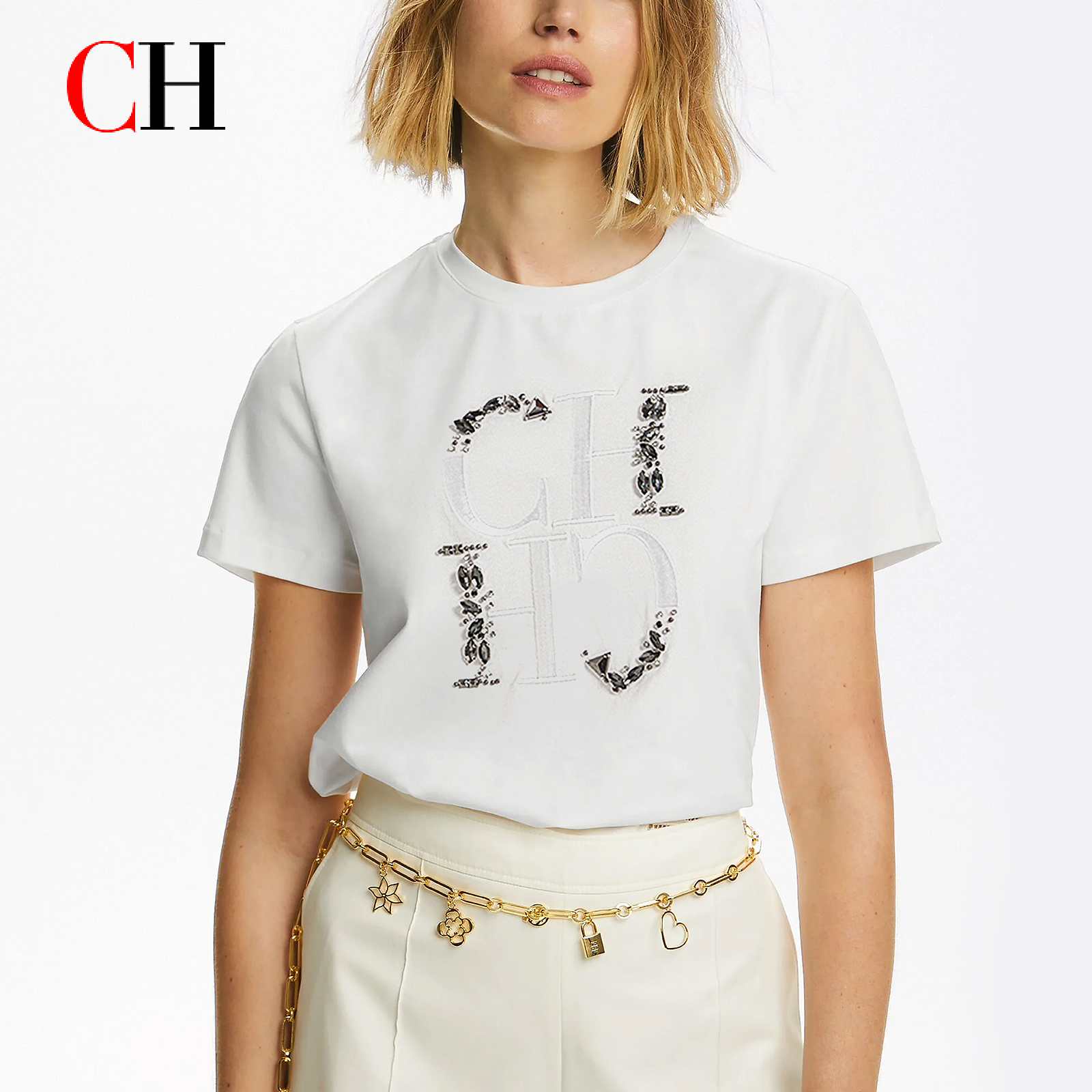 Vêtements pour femmes CH, avec un col rond, orné d'une décoration brodée portant le logo CH, un haut décontracté pour tous les jours