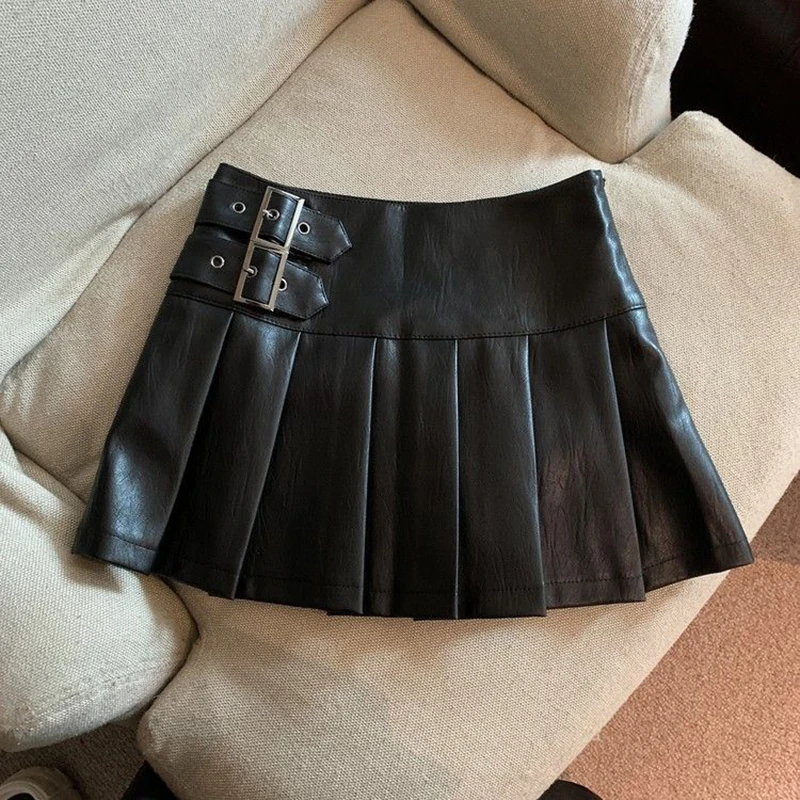 XS-3XL Y2K Pu cuir Mini jupes femmes Streetwear taille haute jupe plissée Vintage coréen noir mince décontracté une ligne jupes