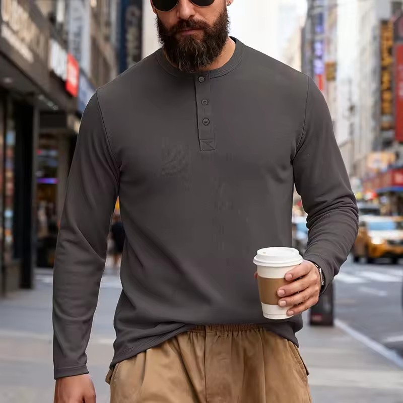 T-shirt Henley à manches longues pour homme, collection Printemps-Automne 2026, couleur unie, décontracté, pour le quotidien