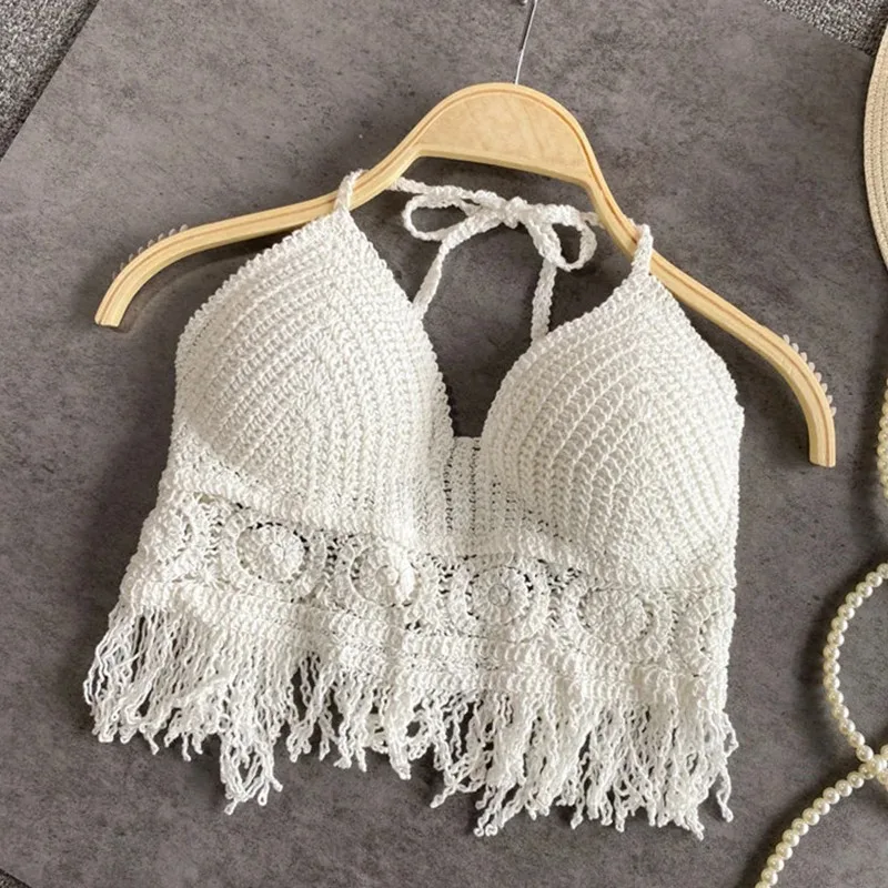 Sexy Boho plage vacances Camisole licou femmes Crochet tricot maillot de bain soutien-gorge dos nu gilet creux gland débardeur femmes hauts courts
