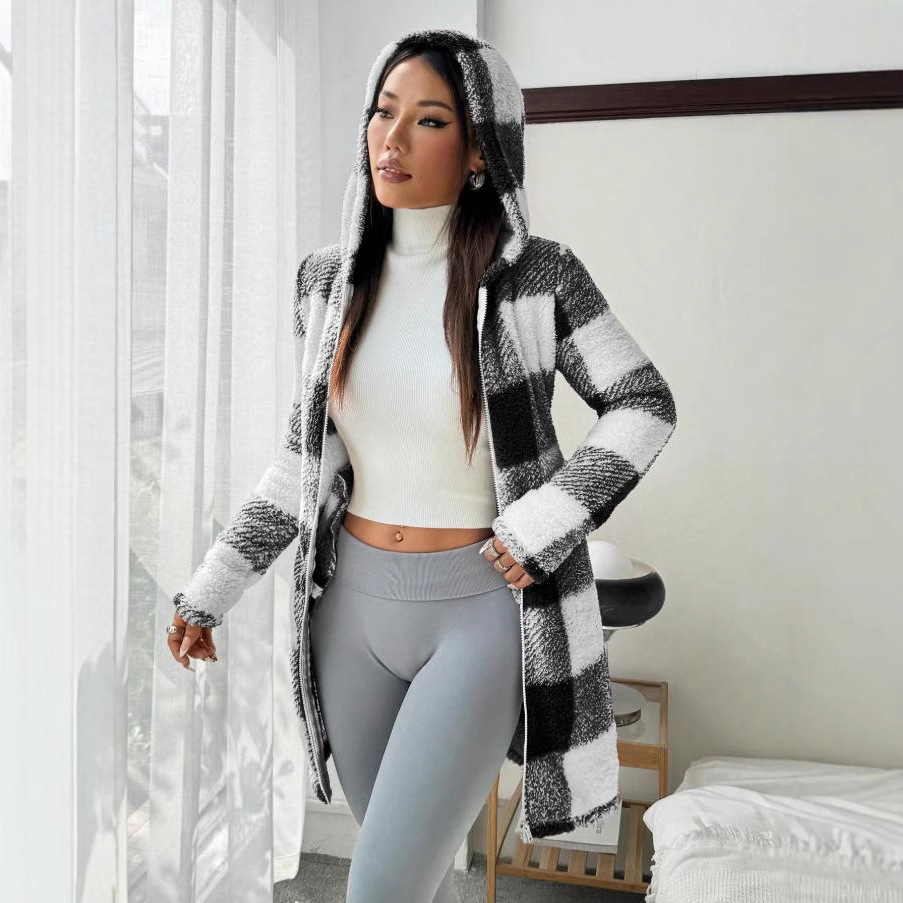 Femmes manteaux hiver Manteau hiver chaud en peluche poche Manteau femmes Plaid imprimé à capuche longue fermeture éclair Cardigan Sobretudo Feminino Inverno