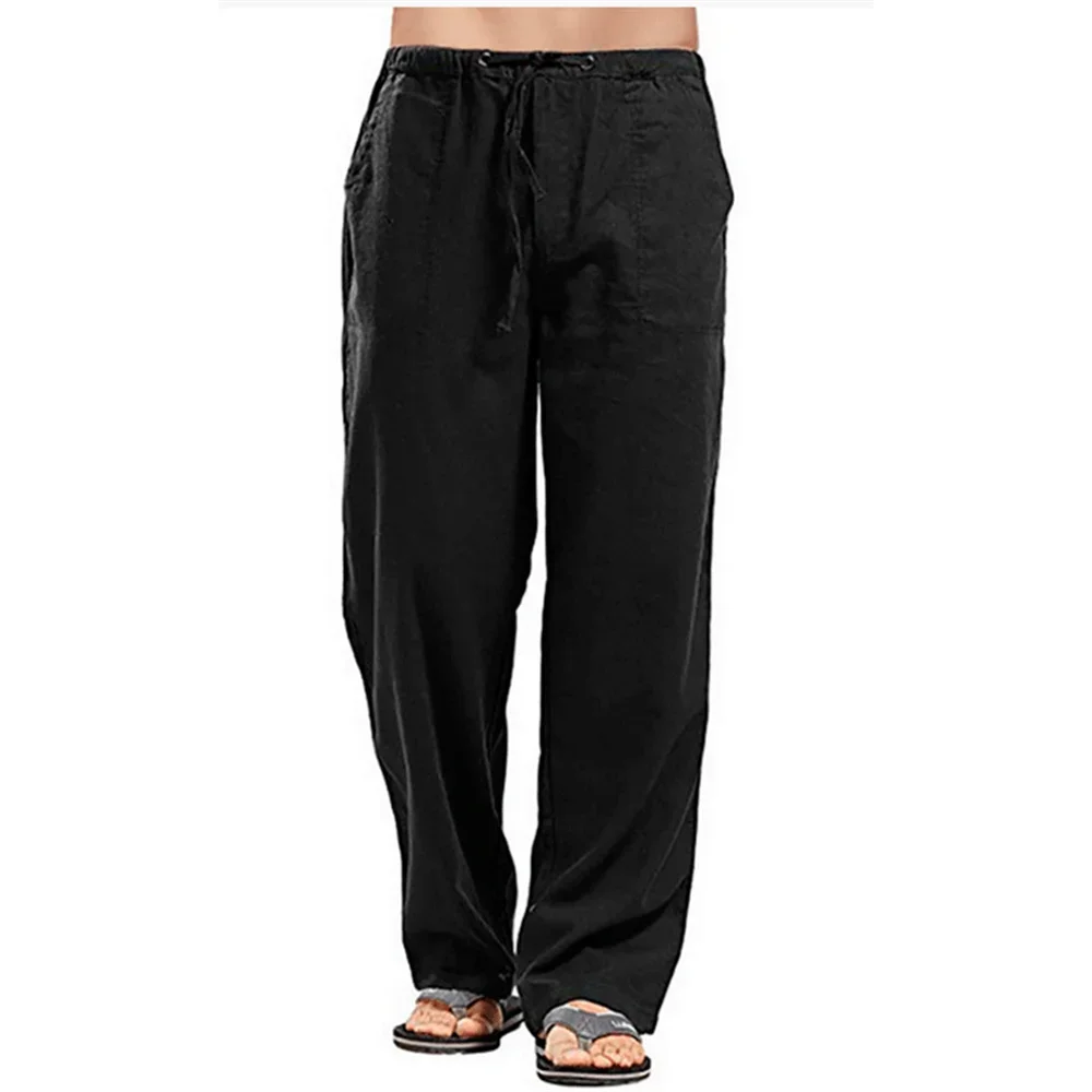 Pantalon d'été en coton et lin pour hommes, couleur unie, respirant, décontracté, taille élastique, pantalon de Fitness