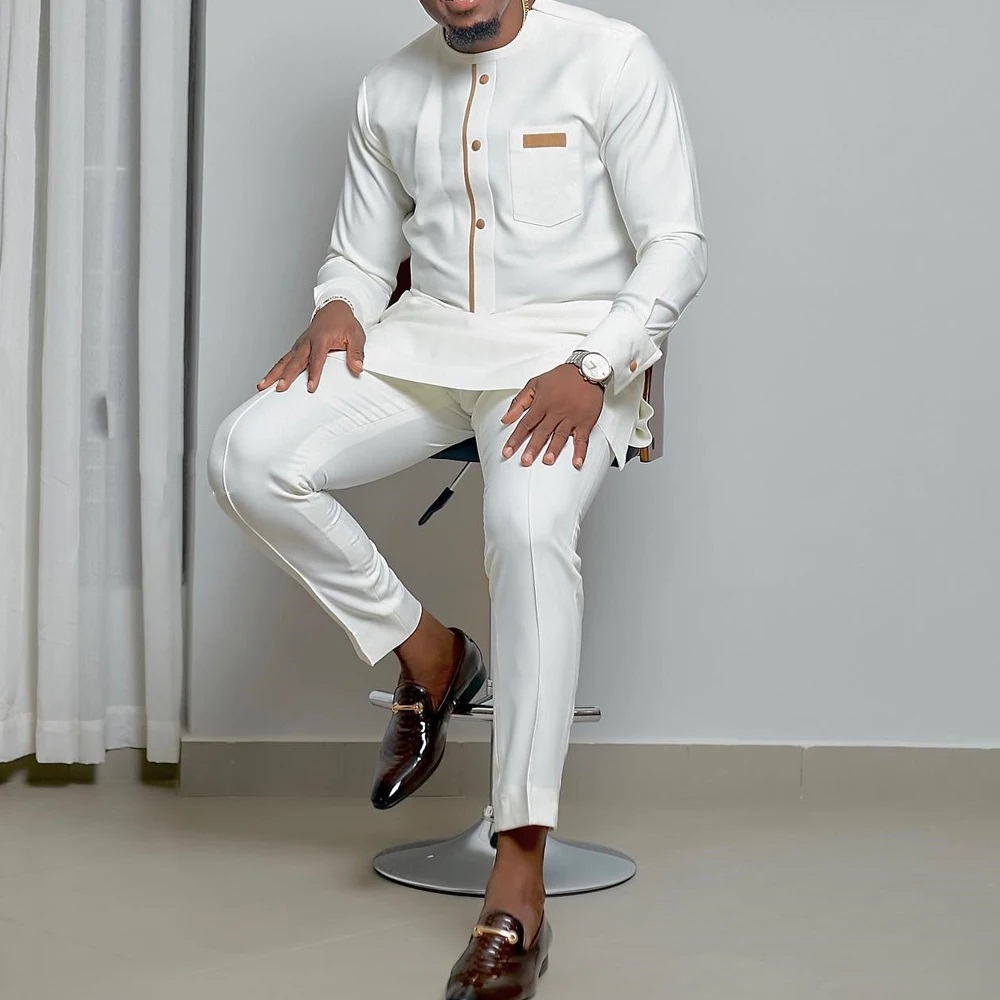 Costumes Kaunda de mariage blancs pour hommes, manches longues, pantalons en Y, ethnique africaine, vêtements traditionnels décontractés, tenues caftan imbibées, 2 pièces