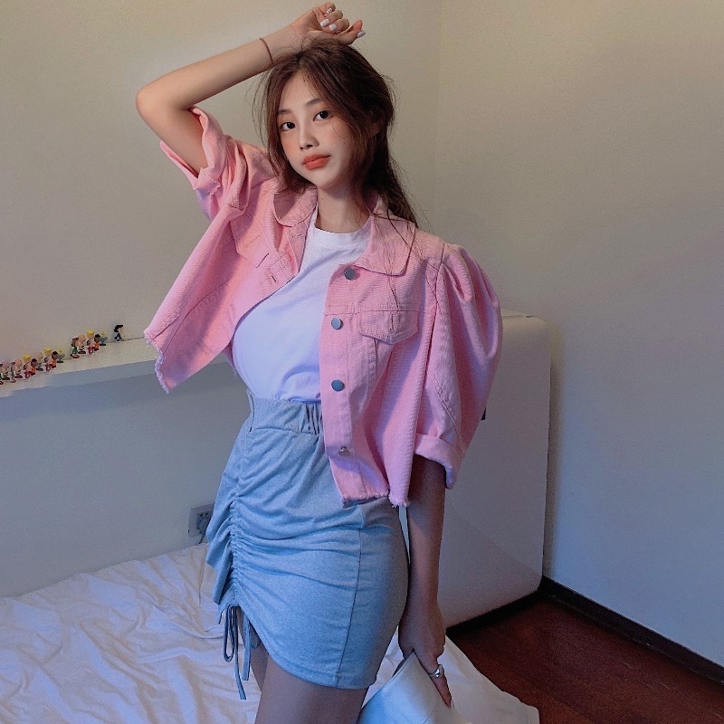 Mode coréenne femmes bleu Denim t-shirts hauts décontracté ample été femme Vintage manches bouffantes lanterne manches boutons 2025 été