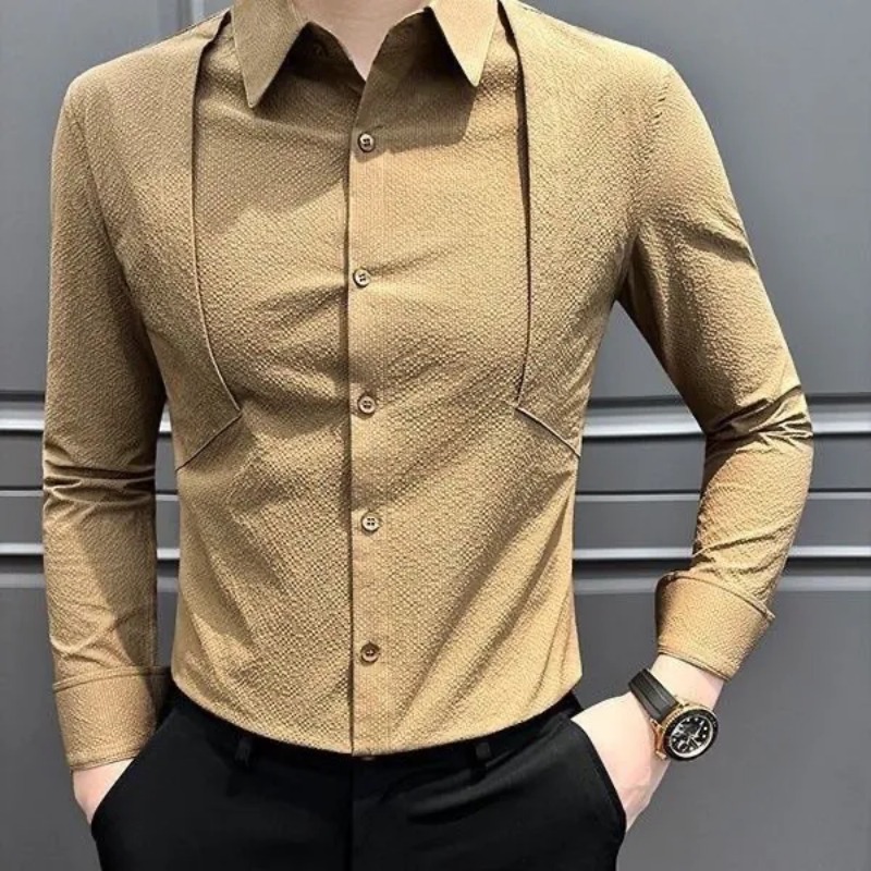 Chemise homme slim fit à manches longues, texture jacquard, col à revers, boutonnée, style business décontracté