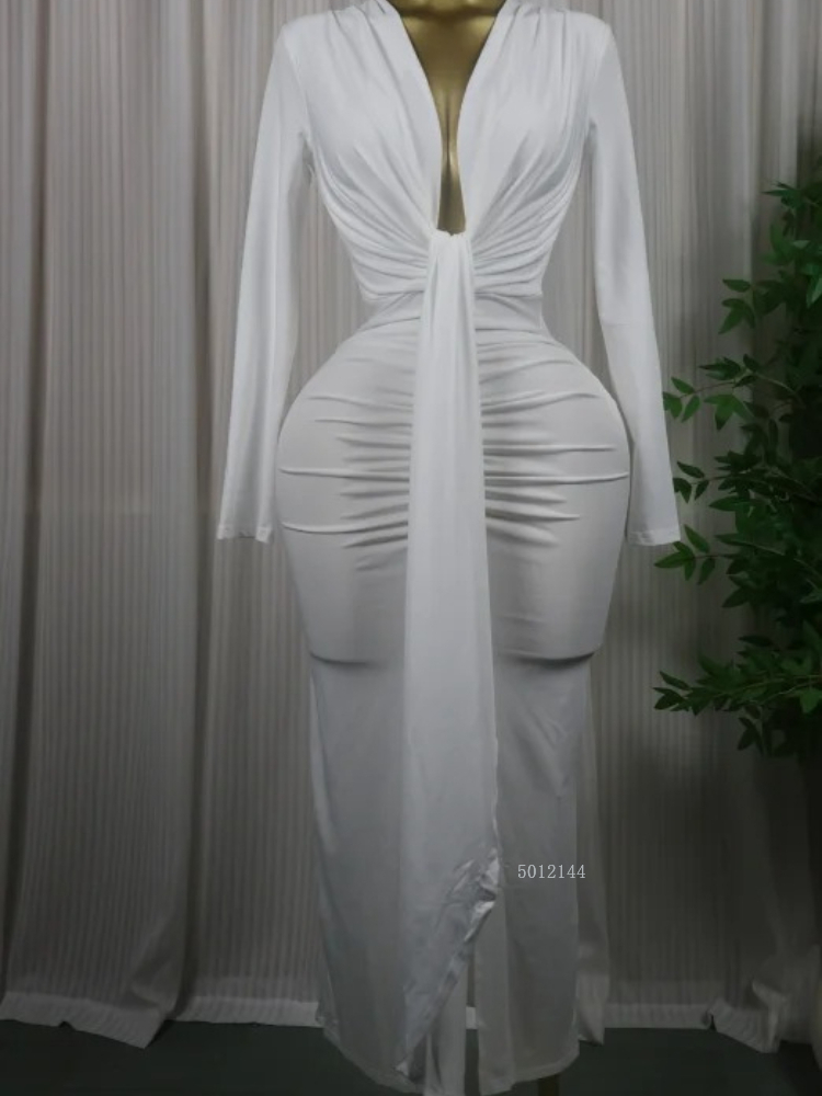 Robe longue moulante à manches longues et nœud papillon, col en V profond, pour femme, tendance, pour anniversaire, fête, vacances, 2026, Vestidos