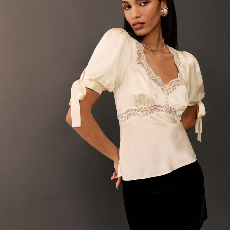 Chemisier d'été en Satin pour femmes, hauts en dentelle, Patchwork, manches courtes bouffantes, col en v, avec attaches en ruban réglables