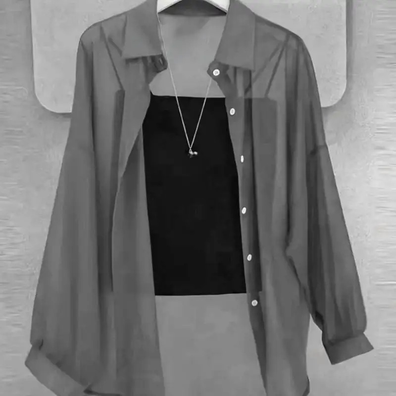 Nouvelle chemise femme |   Léger respirant, couleur unie, patte de boutonnage droite, revers, manches longues, vêtements d'extérieur et protection solaire