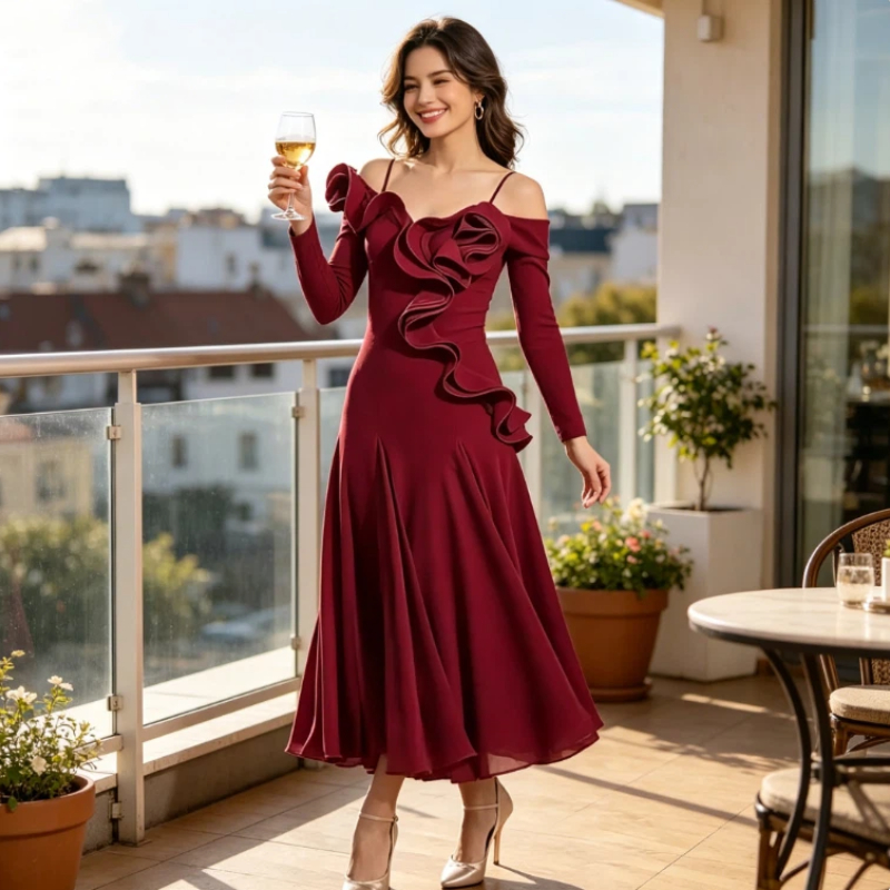 Nouvelle Robe de Danse Moderne pour Femme, Col en Dentelle Feuille de Lotus, Manches Longues Amincissantes, Robe Longue Évasée à Baleines pour la Danse Sociale