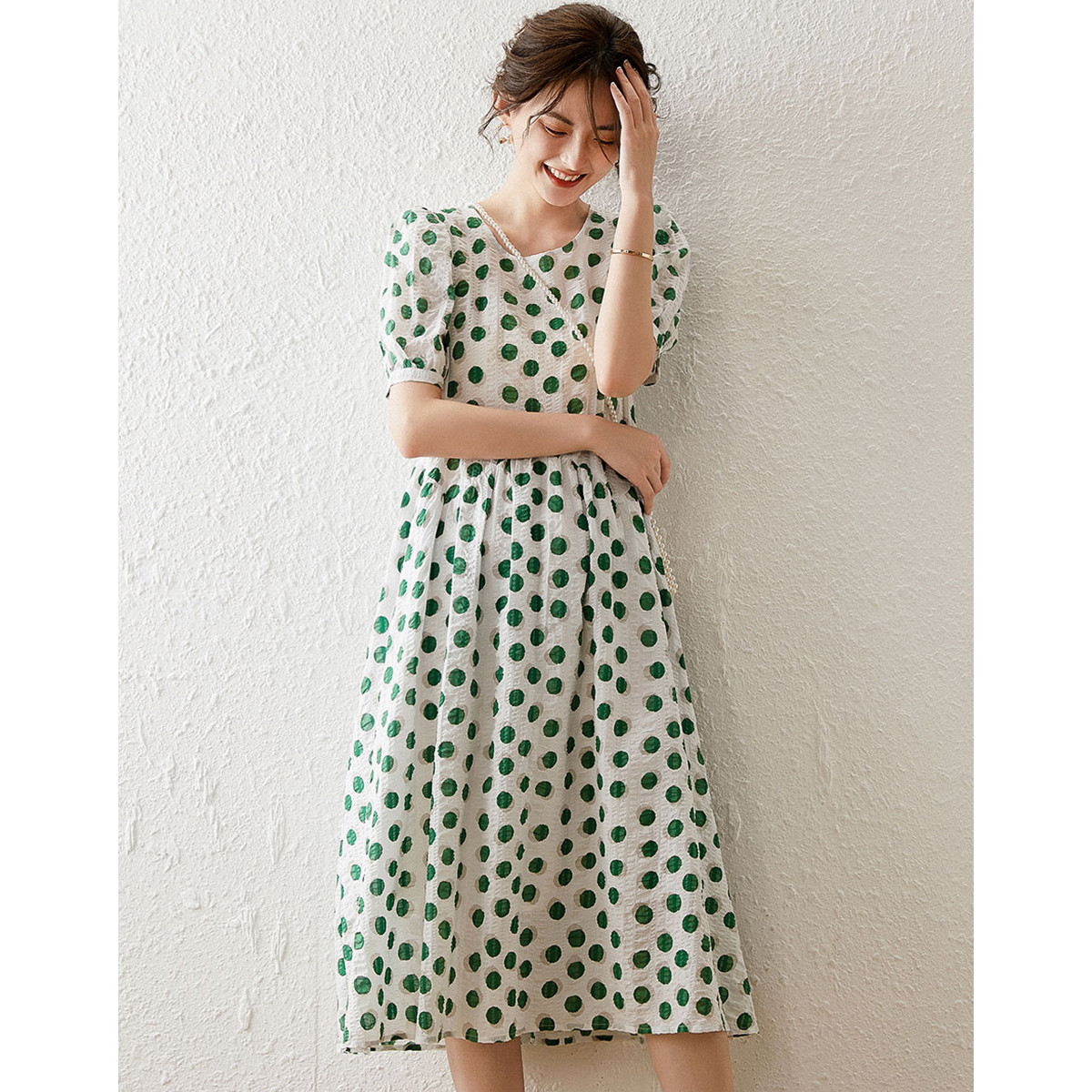 Robe décontractée LOUIS YAO à pois pour femme, collection été 2026, style vintage, manches bouffantes, col rond, manches courtes, avec lacets