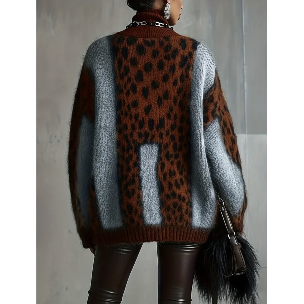 Pull ample rétro à imprimé léopard pour femme, chaud et épais, idéal pour l'automne et l'hiver