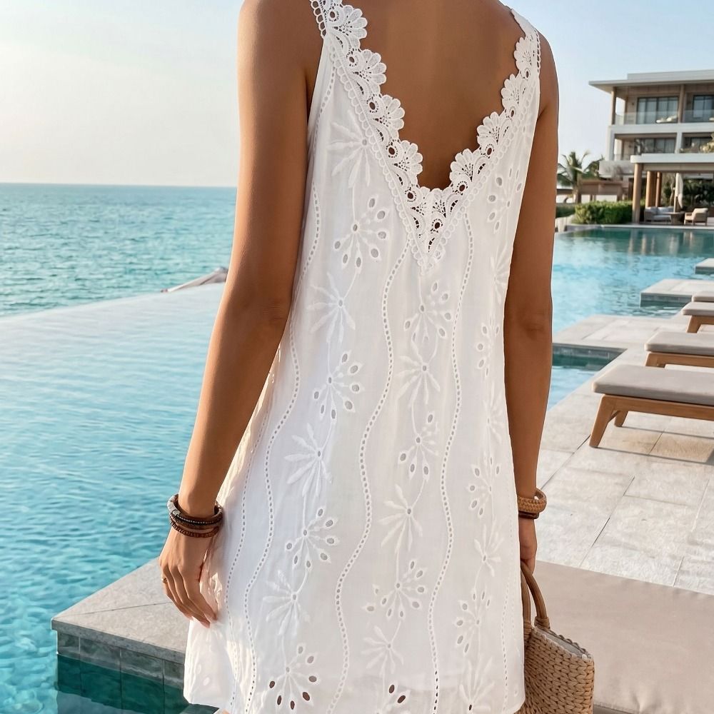 Robe en dentelle brodée à col en V, dos élégant, coupe trapèze, blanche unie, sans manches, ample, décontractée, pour l'été et le printemps