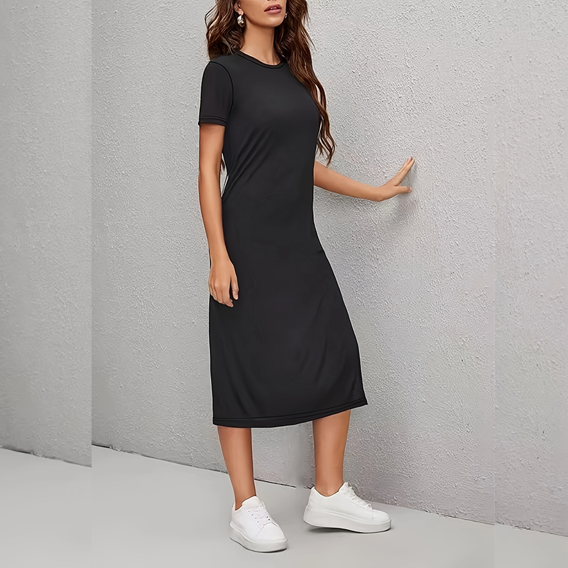 Robe d'été élégante pour femme avec col rond et ourlet fendu, idéale pour le travail quotidien, les tenues décontractées, le shopping, les soirées et les concerts
